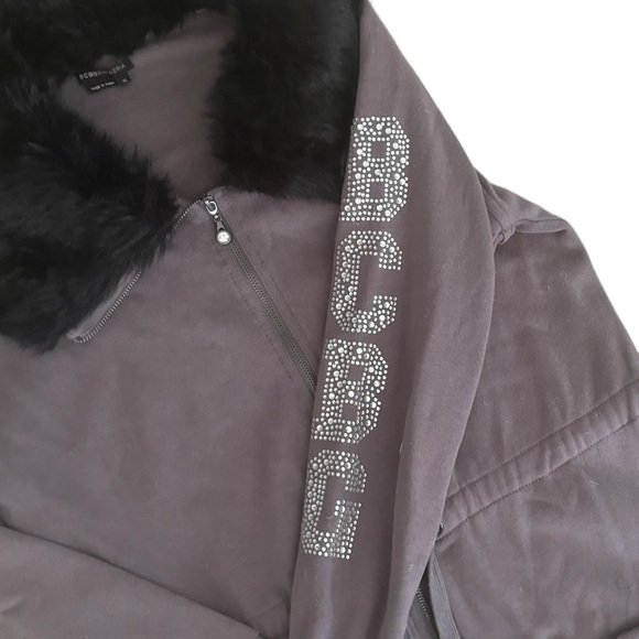BCBGMAXAZRIA  Y2K  Gray Long Hooded Sweatshirt Full  Zip Bedazzled  Faux Fur XL - Picture 6 of 14